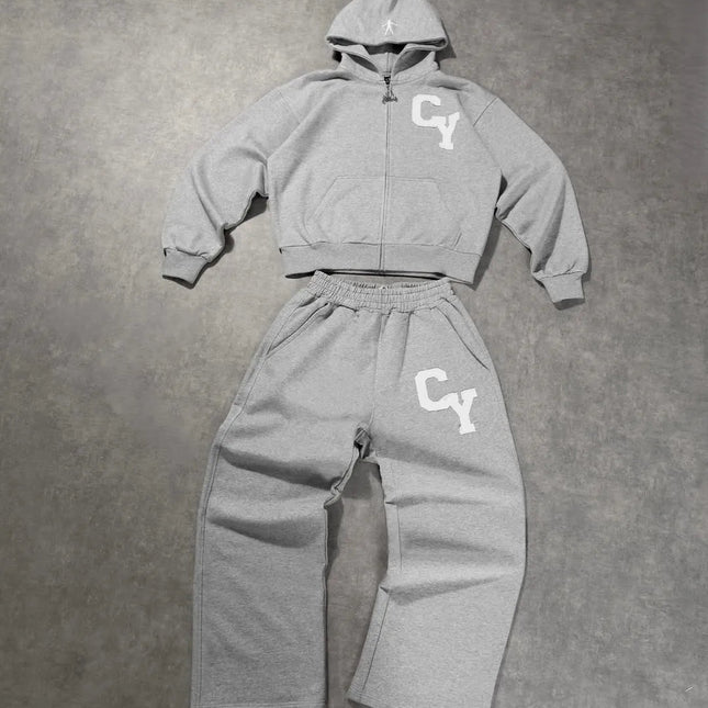 Streetwear Men's Fashion C Y Letter Zipper Set Multiple Colors Available Street Style Relaxed Unique Look Casual Two-Piece Set PlatiNum