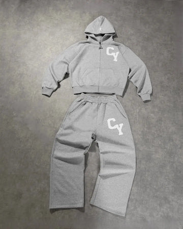 Streetwear Men's Fashion C Y Letter Zipper Set Multiple Colors Available Street Style Relaxed Unique Look Casual Two-Piece Set PlatiNum