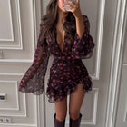 Abito Mini Elegante da Donna con Volant e Stampa Floreale, Maniche Lunghe, Scollo a V Profondo, Vest