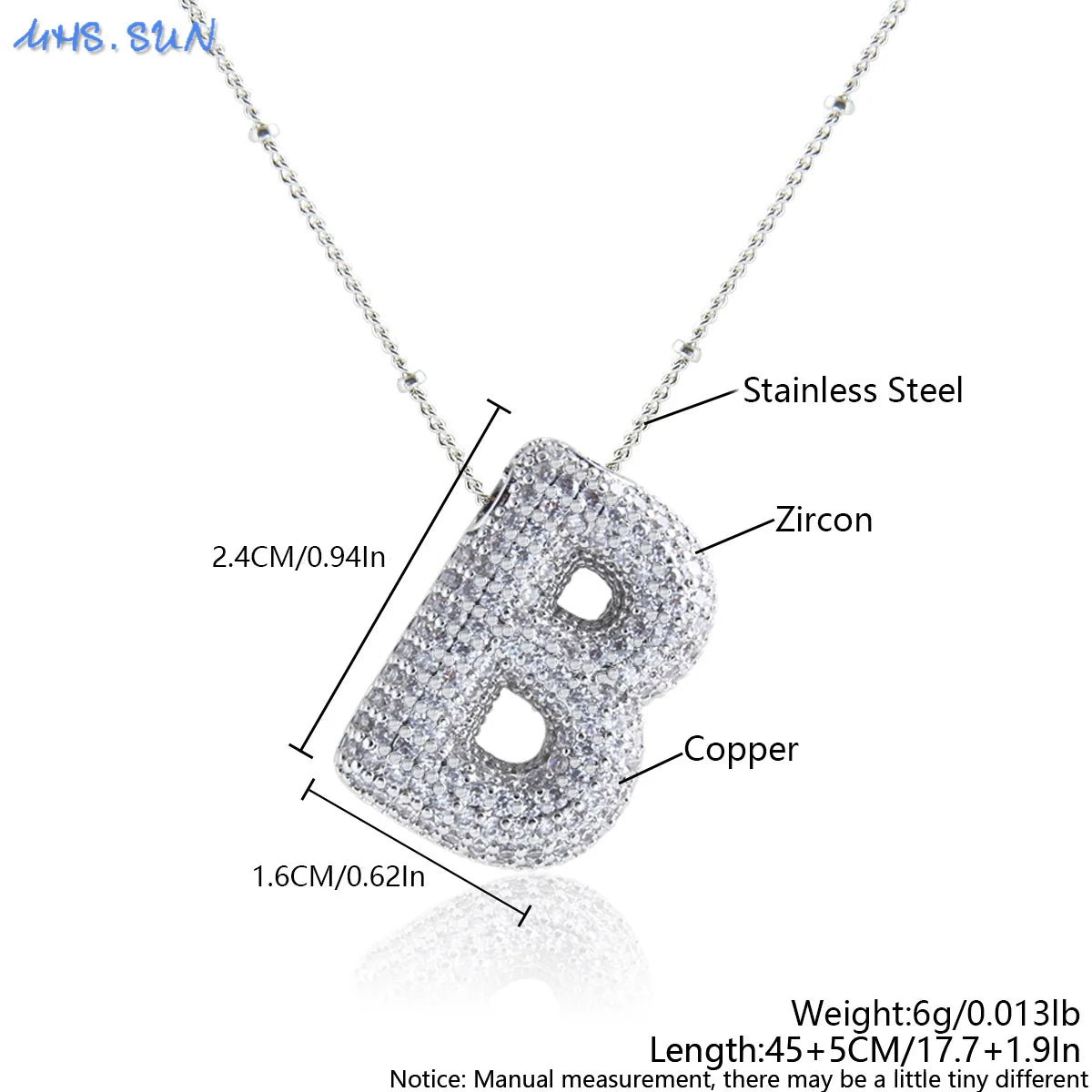 MHS.SUN Collana con iniziale a bolle di alta qualità Lettera AZ Colore argento Zircone 26 Ciondolo con palloncino iniziale per gioielli da donna