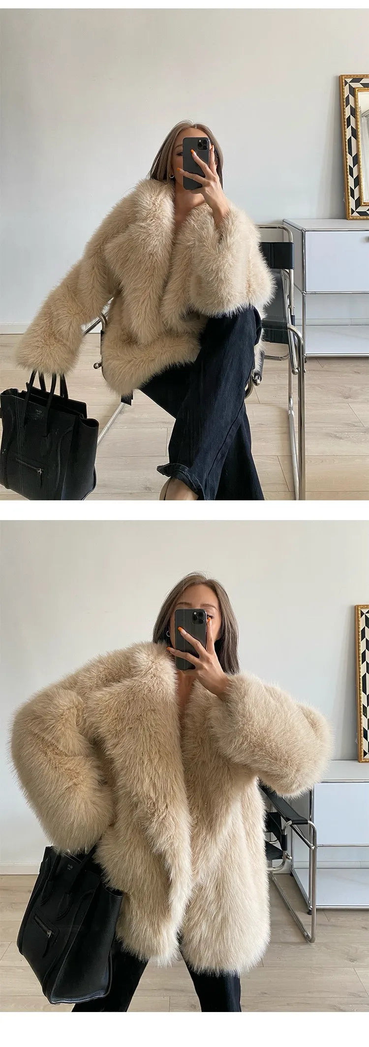 ZADORIN Korean Style Winter Warm Coat Women Mid Length Lapel Loose Faux Fox Fur Coat Luxury Overcoat Fluffy Fur Jacket Tops