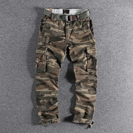 Heavyweight Camouflage Pants Men Clothing Multi-pockets Solid Color Patchworked Outdoor Trousers Retro Cargo Casual Wear Jogger
