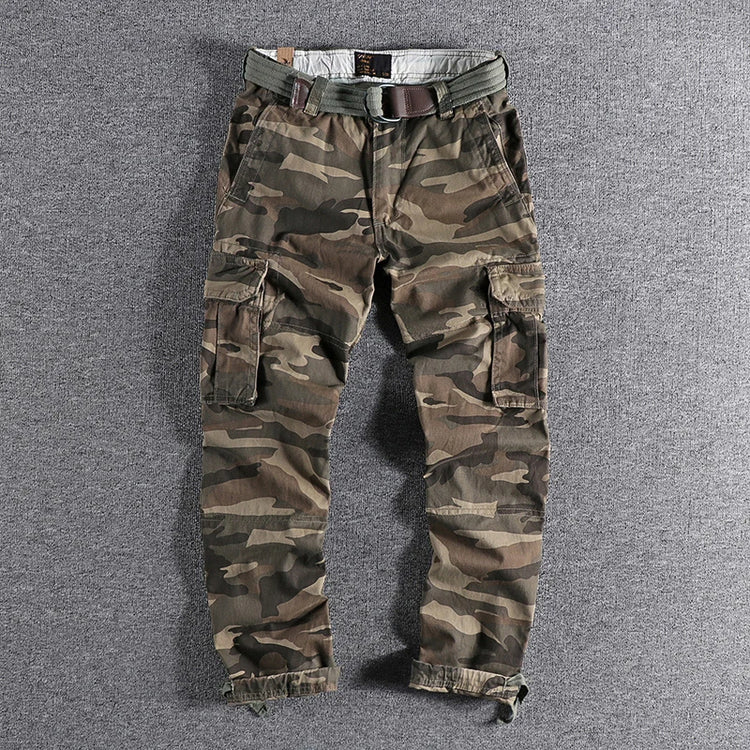 Heavyweight Camouflage Pants Men Clothing Multi-pockets Solid Color Patchworked Outdoor Trousers Retro Cargo Casual Wear Jogger