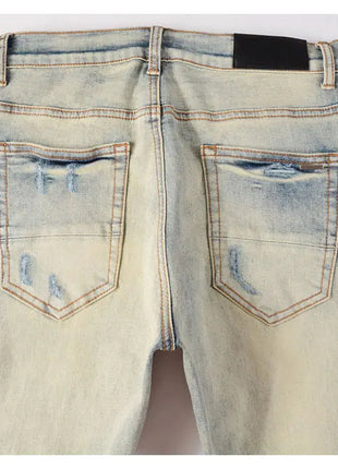 Designer High Street Fashion New Light Blue Men's Jeans Stretch Slimming White Leather Patch Hip Hop Brand Pants HombreY2K PlatiNum