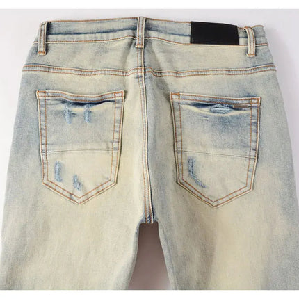 Designer High Street Fashion New Light Blue Men's Jeans Stretch Slimming White Leather Patch Hip Hop Brand Pants HombreY2K PlatiNum
