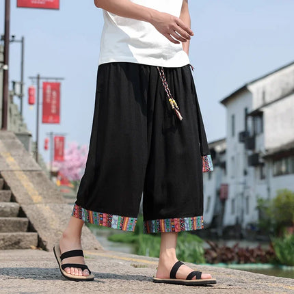 Pantaloncini kimono giapponese Costume da samurai in lino da uomo Ukiyo-e Cintura con stampa Pantaloni a gamba larga Retro Haori Pantaloni casual larghi Harajuku da uomo