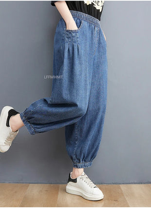 Jeans Vintage tinta unita da donna moda estiva pantaloni larghi in Denim elasticizzato in vita femminile pantaloni Harem alla caviglia stile giapponese
