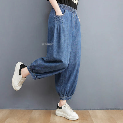 Jeans Vintage tinta unita da donna moda estiva pantaloni larghi in Denim elasticizzato in vita femminile pantaloni Harem alla caviglia stile giapponese