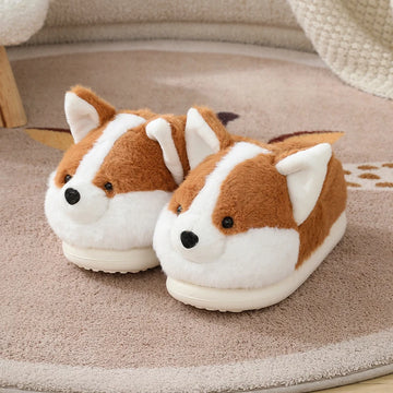 ZUOFU For Women Men Corgi Plush Slippers Autumn Winter Warm Non-Slip EVA Sole Indoor Fluffy Home Cotton Slippers