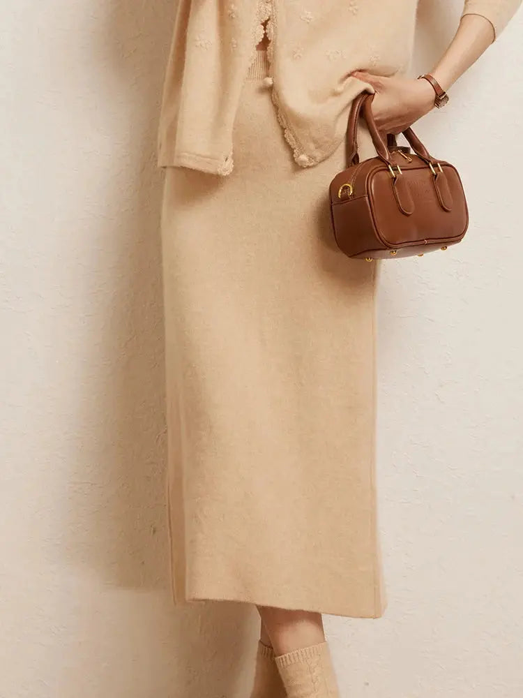 Luxury 100% Cashmere Mid-Calf Pencil Skirt Simple Basic Style Women Solid Color Autumn Winter High Waist Slimming Knitted Skirt PlatiNum