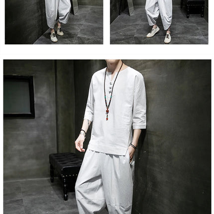 Stile giapponese due pezzi t-shirt pantaloni uomo uomo abiti Kimono maniche corte giappone Harajuku Yukata Cardigan Costume top pantaloni