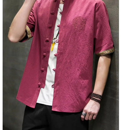 Camicie da Uomo Ricamate in Stile Cinese Retrò, Traspiranti in Lino, Comode, Casual Kung Fu, Abito Tang con Colletto Rialzato
