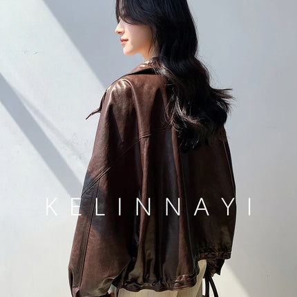 Waxed Sheepskin Genuine Leather Moto Biker Jacket Women Cropped Stand Collar Zip Up Snap Button Loose Casual Autumn Outwear 2026
