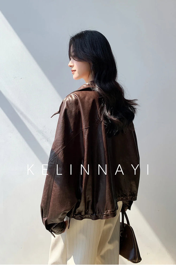 Waxed Sheepskin Genuine Leather Moto Biker Jacket Women Cropped Stand Collar Zip Up Snap Button Loose Casual Autumn Outwear 2026