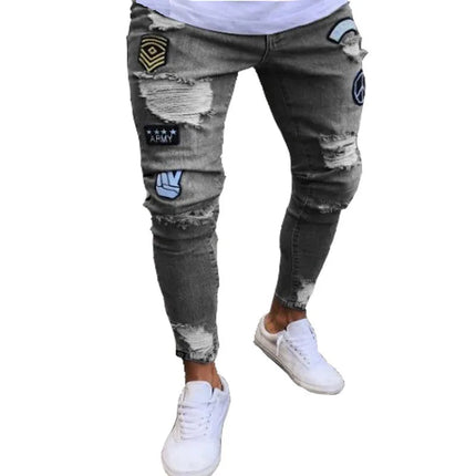 New embroidered fine grain jeans for men, cotton elastic hole slim fit hip-hop denim pants, casual jeans for men, jogging pants PlatiNum