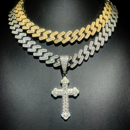 Collana con croce ghiacciata per uomo donna ciondolo con zirconi color argento bling con catena a maglie cubane da 15 mm gioielli hip-hop