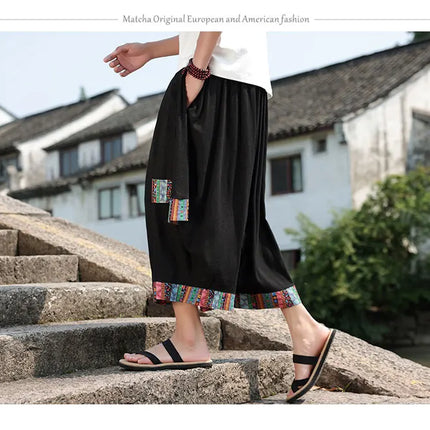 Pantaloncini kimono giapponese Costume da samurai in lino da uomo Ukiyo-e Cintura con stampa Pantaloni a gamba larga Retro Haori Pantaloni casual larghi Harajuku da uomo