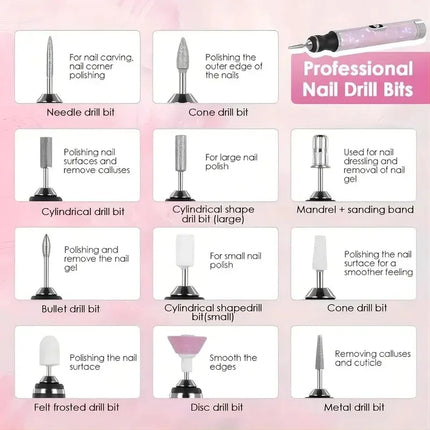 Electric Nail Drill Machine Rechargeable 500mAh Portable Nail File Kit 4 Speed Adjustable Manicure Tool for Nail Polishing Gel Removal Salon Beauty Care