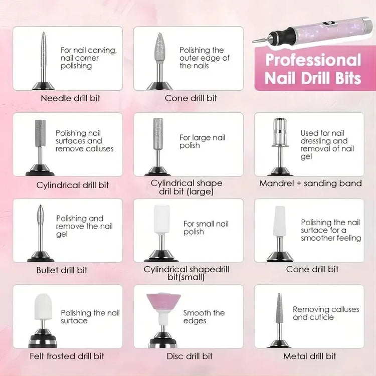 Electric Nail Drill Machine Rechargeable 500mAh Portable Nail File Kit 4 Speed Adjustable Manicure Tool for Nail Polishing Gel Removal Salon Beauty Care