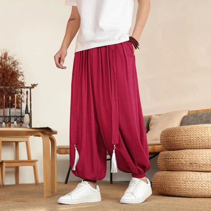 Pantaloni Stile Cinese da Uomo, Etnici in Lino a Gamba Larga, Design con Cavallo Morbido, Pantaloni da Ballo, Casual, Hanfu, Stile Lanterna, 8XL