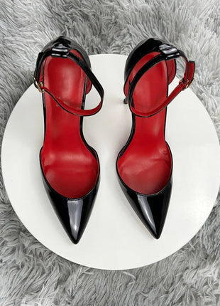 Black Patent Leather Women Ankle Strap Stiletto Pumps Pointed Toe Sexy High Heel Shoes 8cm 10cm 12cm Customize 33-46 PlatiNum