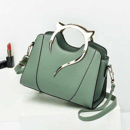 Cat Shaped Handle Women Handbag Trendy And Fashionable, Solid Color, Simple And Casual Crossbody Shoulder Shell Bag PlatiNum