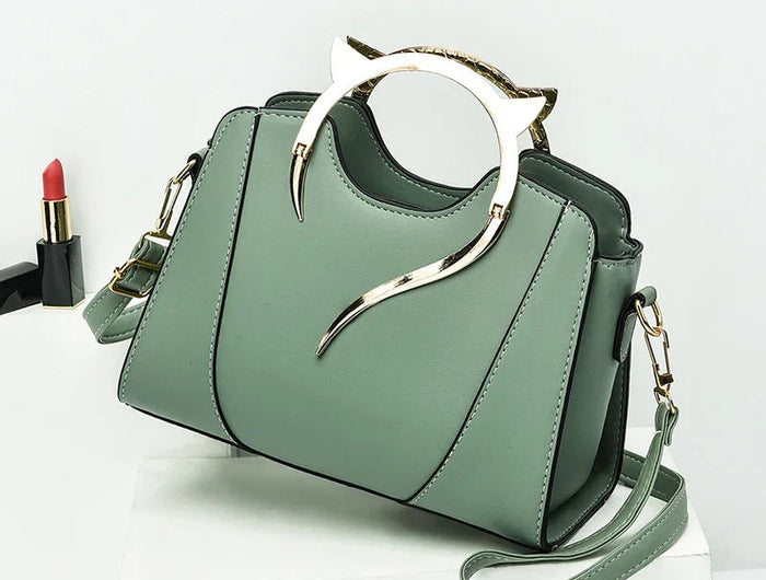 Cat Shaped Handle Women Handbag Trendy And Fashionable, Solid Color, Simple And Casual Crossbody Shoulder Shell Bag PlatiNum