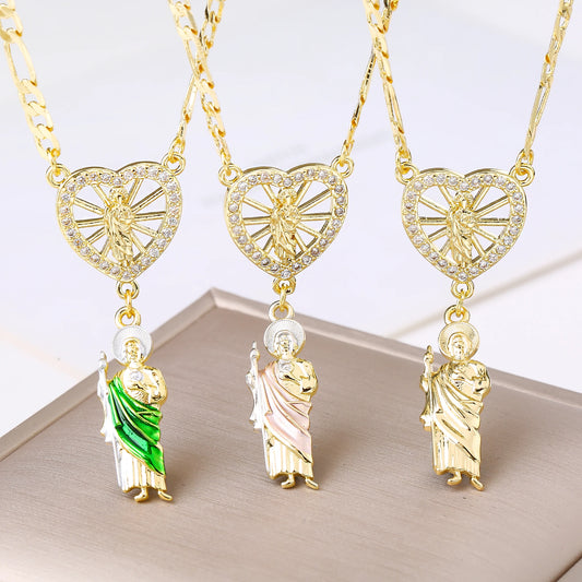 Collana religiosa Saint Jude Ciondolo a forma di cuore placcato in oro Smalto Patron cattolico Gioielli santo per donne Uomini Fede Amuleto Regalo