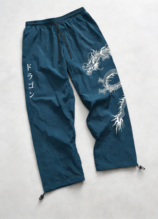 Pantaloni Larghi in Nylon con Stampa Drago per Uomo, Primavera-Estate, Joggers Streetwear per Palestra e Uso Quotidiano, Nero e Blu