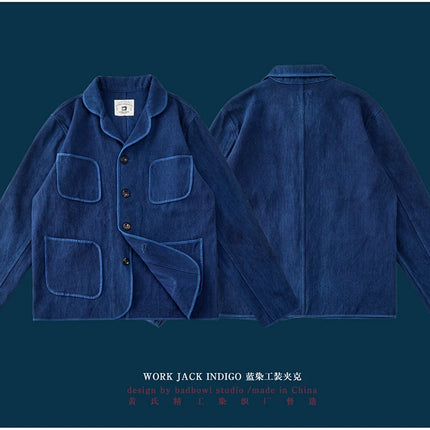Vintage Handmade Indigo Jacket Men Spring Autumn New Lapel Multi-pocket Plant Blue Dyed Long Sleeve Jacket Casual Cardigan Coat