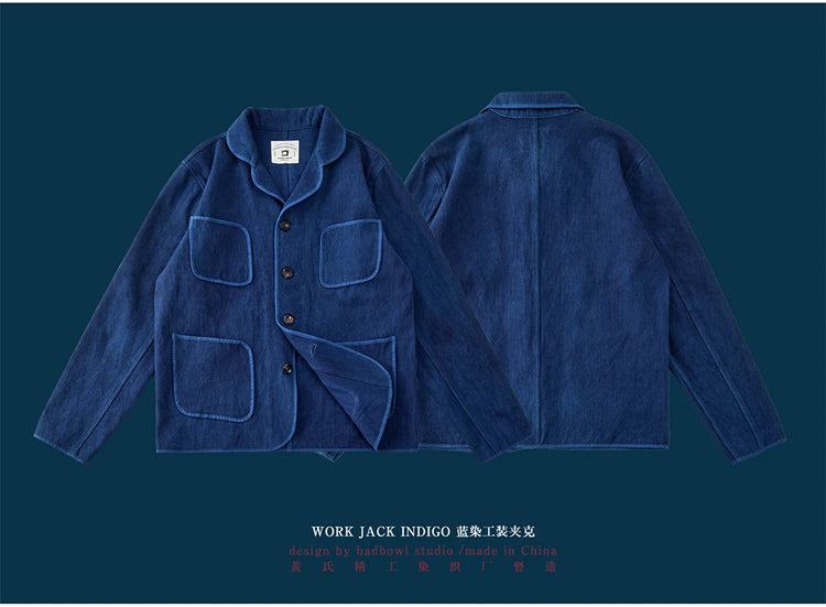Vintage Handmade Indigo Jacket Men Spring Autumn New Lapel Multi-pocket Plant Blue Dyed Long Sleeve Jacket Casual Cardigan Coat