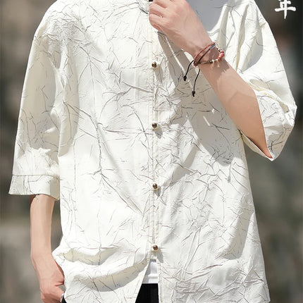 Camicia stile cinese da uomo lamina d'oro elegante vestibilità ampia camicie a maniche lunghe ispirate all'annata camicette sottili estive casual abbigliamento da uomo