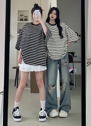 Jeans americani retrò traforati da donna a vita alta con cavallo dritto design sottile allentato High-street Vibe pantaloni trascinanti a gamba larga