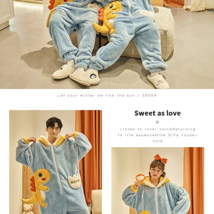 Winter Animal Onesies for Adults Homewear Flannel Sleepwear Couples Jumpsuit Winter Coral Velvet Pajamas Women Mens Loungewear