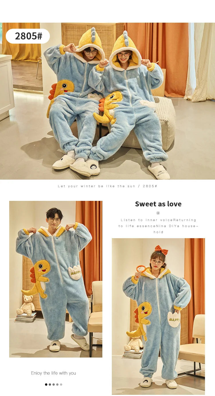 Winter Animal Onesies for Adults Homewear Flannel Sleepwear Couples Jumpsuit Winter Coral Velvet Pajamas Women Mens Loungewear