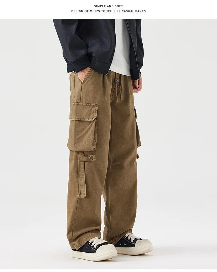 Autumn New Cargo Loose Multi-pockets 100% Cotton Straight Pants for Men Clothing Comfort Zipper Male Trouser GF258113