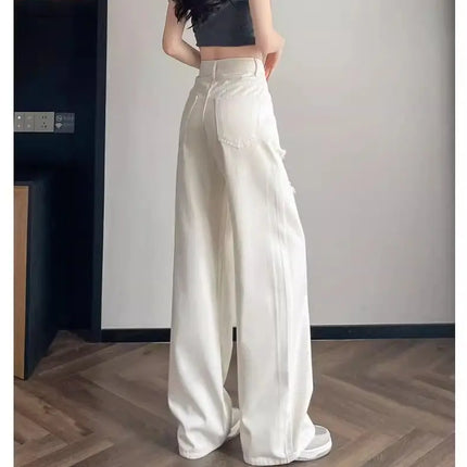 Jeans bianchi traspiranti a gamba larga da donna Pantaloni strappati per pantaloni estivi a vita alta con diamanti