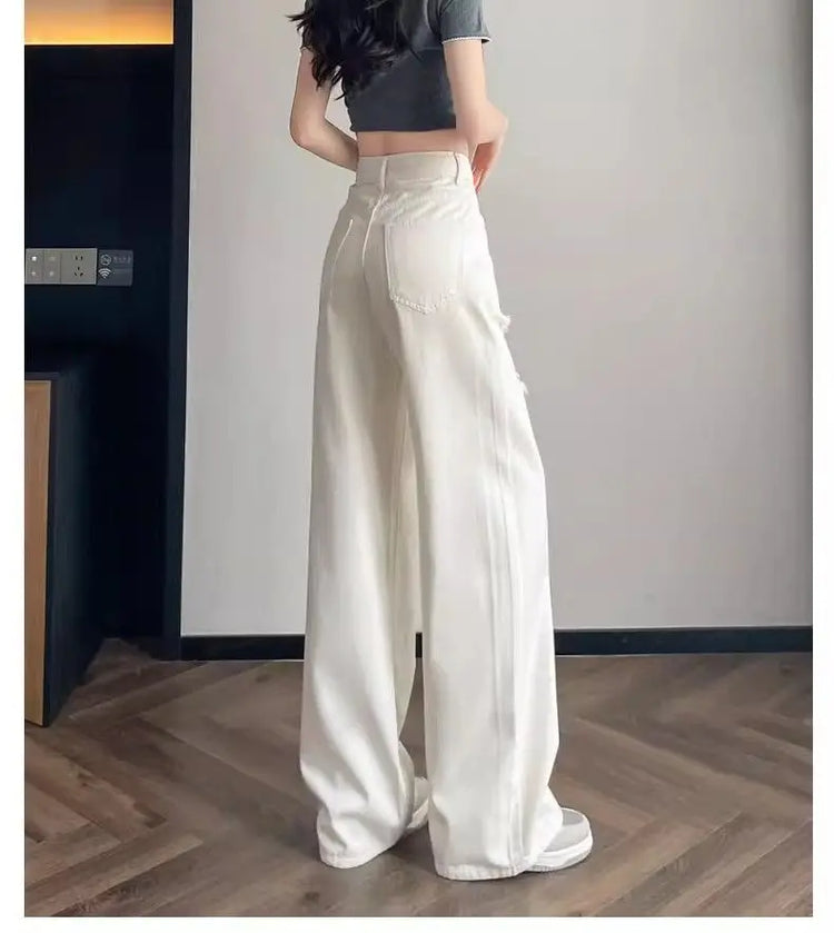 Jeans bianchi traspiranti a gamba larga da donna Pantaloni strappati per pantaloni estivi a vita alta con diamanti