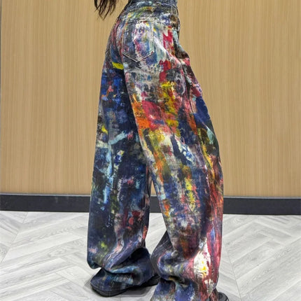 Jeans Americani da Donna a Vita Alta e Gamba Dritta, Pantaloni in Denim Colorati con Effetto Schizzi d'Inchiostro, Pantaloni Larghi Stile Cowboy per l'Autunno