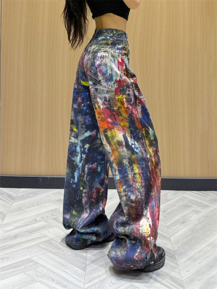 Jeans Americani da Donna a Vita Alta e Gamba Dritta, Pantaloni in Denim Colorati con Effetto Schizzi d'Inchiostro, Pantaloni Larghi Stile Cowboy per l'Autunno