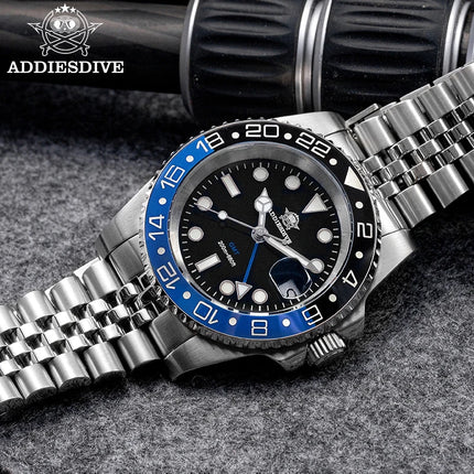 ADDIESDIVE 40mm GMT Watch Men Top Brand Quartz Wristwatch Luxury Ceramic Bezel 20Bar Diving Waterproof Luminous Watch AD2050