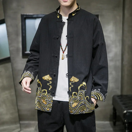 Camicie da uomo ricamate 2026 primavera stile cinese retrò colletto alla coreana giacca in cotone e lino cardigan da uomo Kungfu allentato casual Top