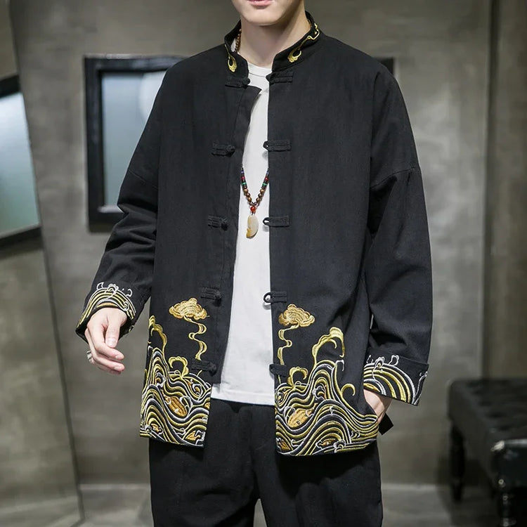 Camicie da uomo ricamate 2026 primavera stile cinese retrò colletto alla coreana giacca in cotone e lino cardigan da uomo Kungfu allentato casual Top