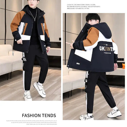 Men's Casual Wool Lined Thickened Hooded Set Fashionable Warm Sweatshirt Jacket Trendy Autumn Winter Men 2 Piece