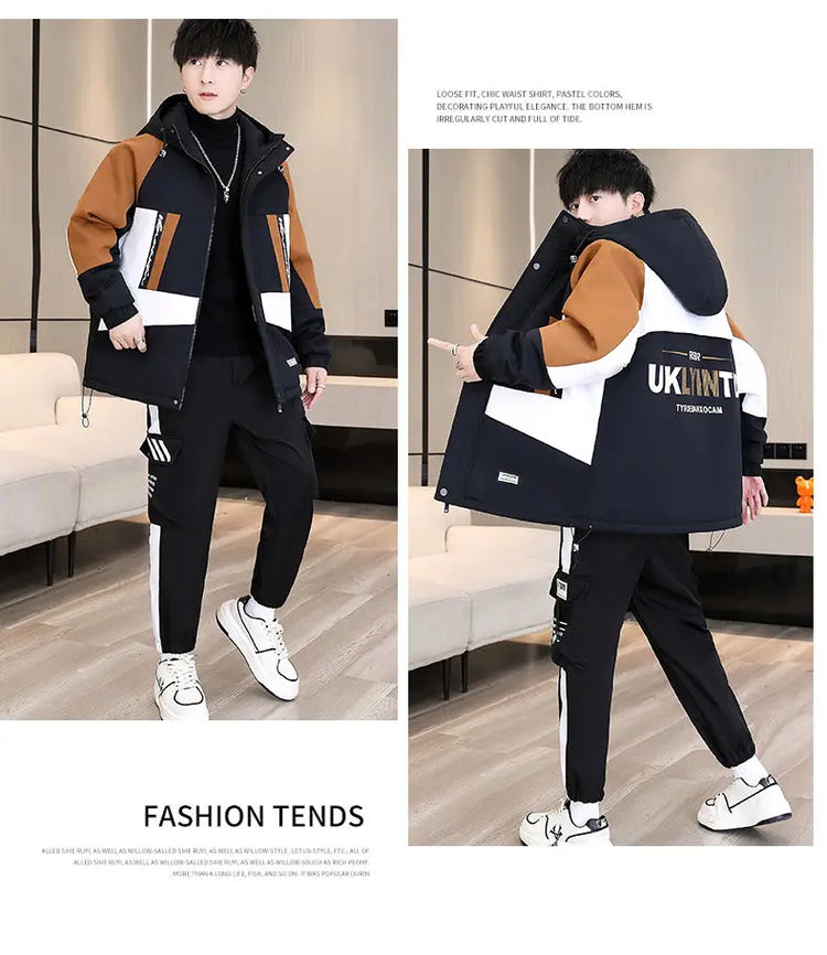 Men's Casual Wool Lined Thickened Hooded Set Fashionable Warm Sweatshirt Jacket Trendy Autumn Winter Men 2 Piece