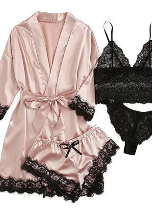 Pigiama da donna lussuoso con scollo a V in 4 pezzi camicia da notte sexy pizzo in raso halter accappatoio in raso di seta camicia da notte per la casa pigiama sexy per la casa platinumshop