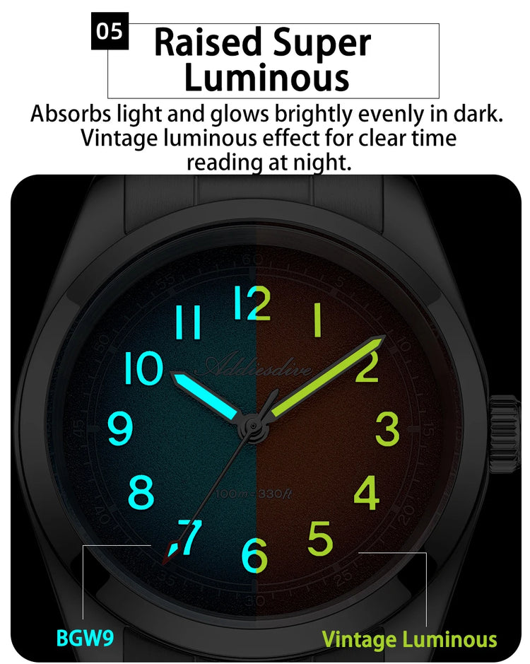 ADDIESDIVE Men's Vintage Quartz Watch 100M Waterproof Sapphire Glass Super Luminous Stainless Steel Classic Wristwatches AD2553