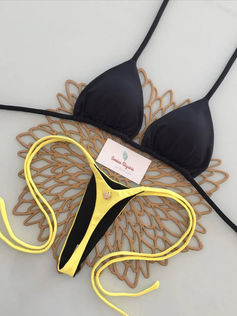 Micro Bikini 2026 Costume da Bagno Donna Sexy Brasiliano con Laccetti Halter Tinta Unita Push-Up Perizoma Abbigliamento da Spiaggia Femminile