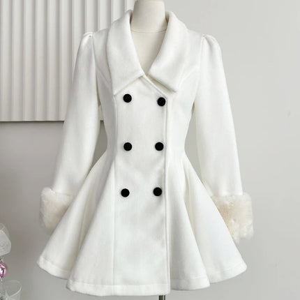 Elegant Warm Winter Fur Collar Woolen Coat Women French Style Hepburn Slim Mid-length Outwear 2025 Vintage Lolita Chic Outfits