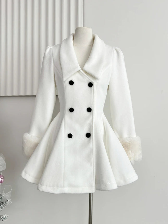 Elegant Warm Winter Fur Collar Woolen Coat Women French Style Hepburn Slim Mid-length Outwear 2025 Vintage Lolita Chic Outfits